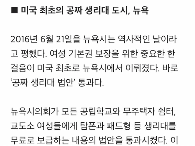 미국 뉴욕시 공짜 생리대 법안 통과 | 인스티즈