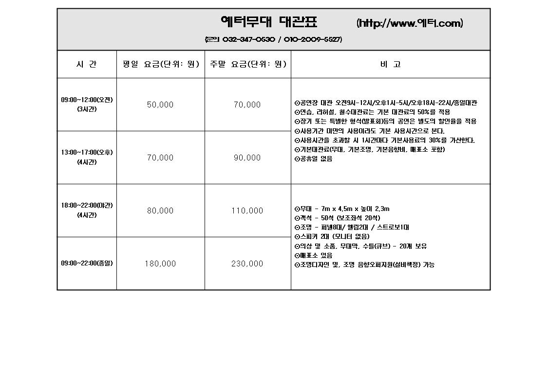 소극장 예터무대 대관 안내 - 공연및공지 - 신중년 극단 시나브로 소극장 예터무대 대관 안내